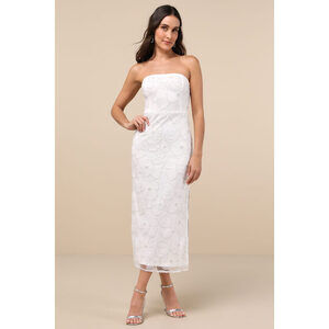 Lulus Loving Mentality White Tulle Beaded Strapless Midi Dress - Size M